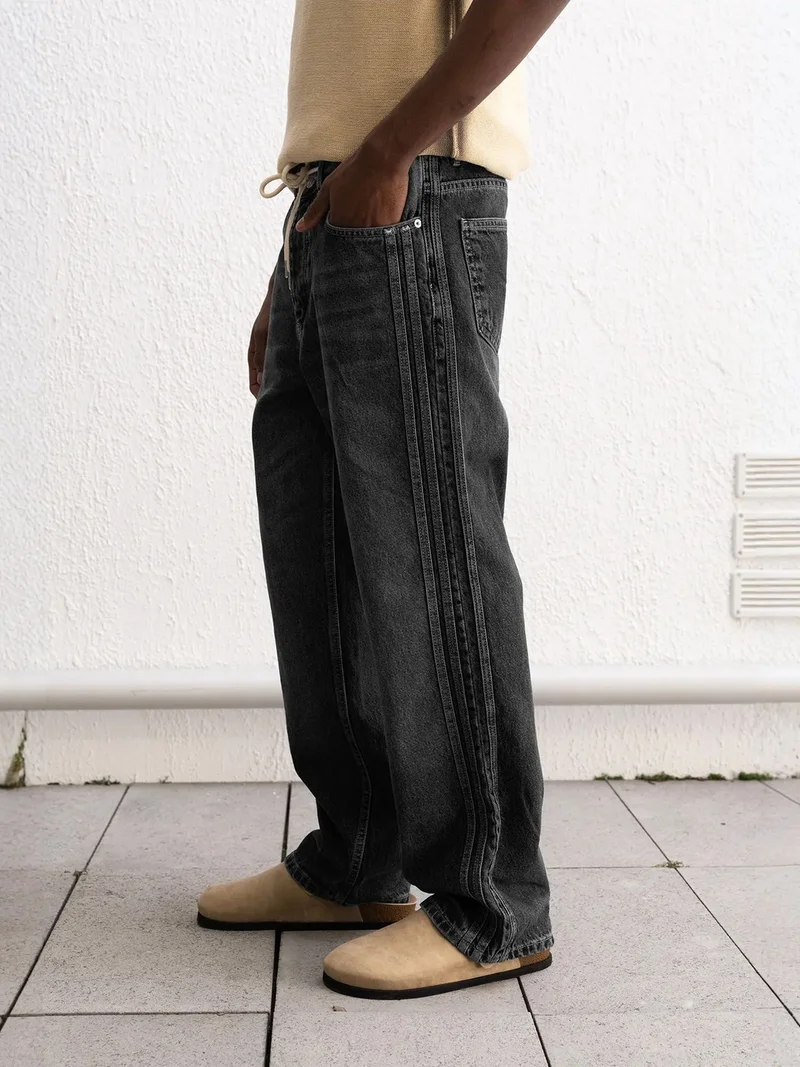 Giesto Charcoal Grey GIESTO Regular Fit Denim Pants with Stripes for Men | Best Price UAE